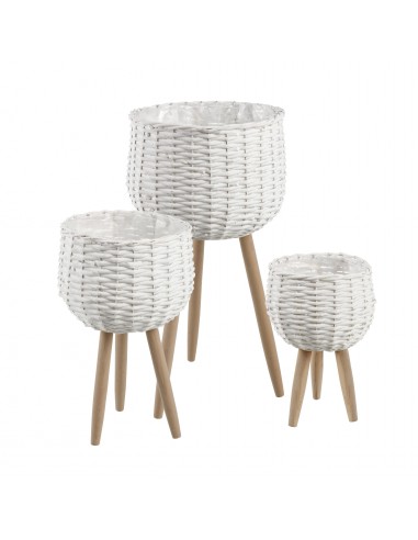 Macetero mimbre blanco con pie madera