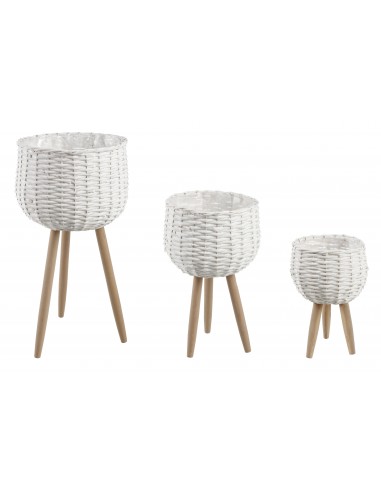 Macetero mimbre blanco con pie madera