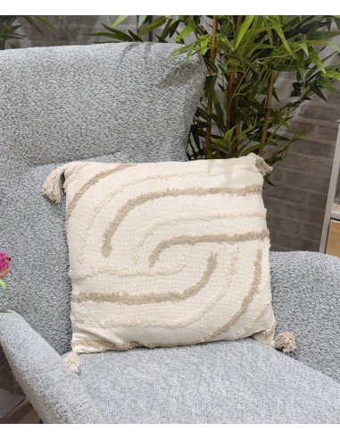 Cojín rayas bordado beige con borlas...