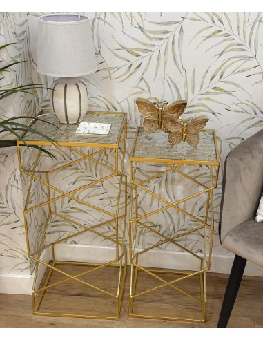 Set 2 mesas metal dorado y cristal... Set 2 mesas metal dorado y cristal...